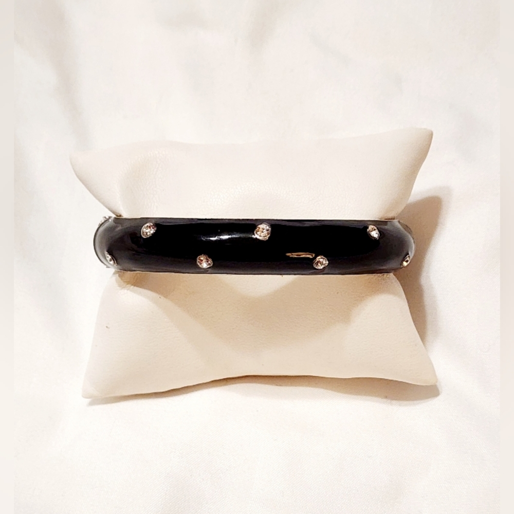 2 Hinge Bangle Bracelets Black Enamel w/Crystals & Bamboo Silvertone w/Crystals - Picture 2 of 13